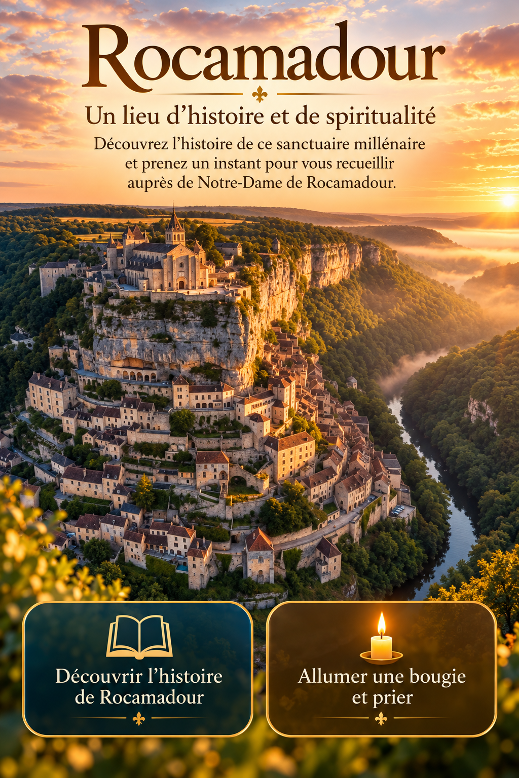 Rocamadour, village et sanctuaire au-dessus de la vallée, avec deux choix : découvrir l'histoire ou allumer une bougie et prier